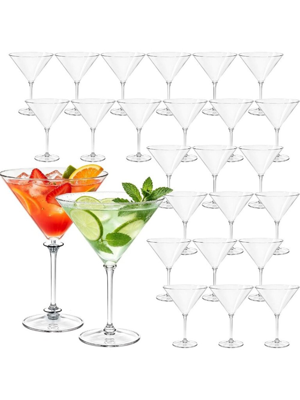 Set of 24 Clear Plastic Martini Glasses - 9 oz Cocktail Cups for Parties